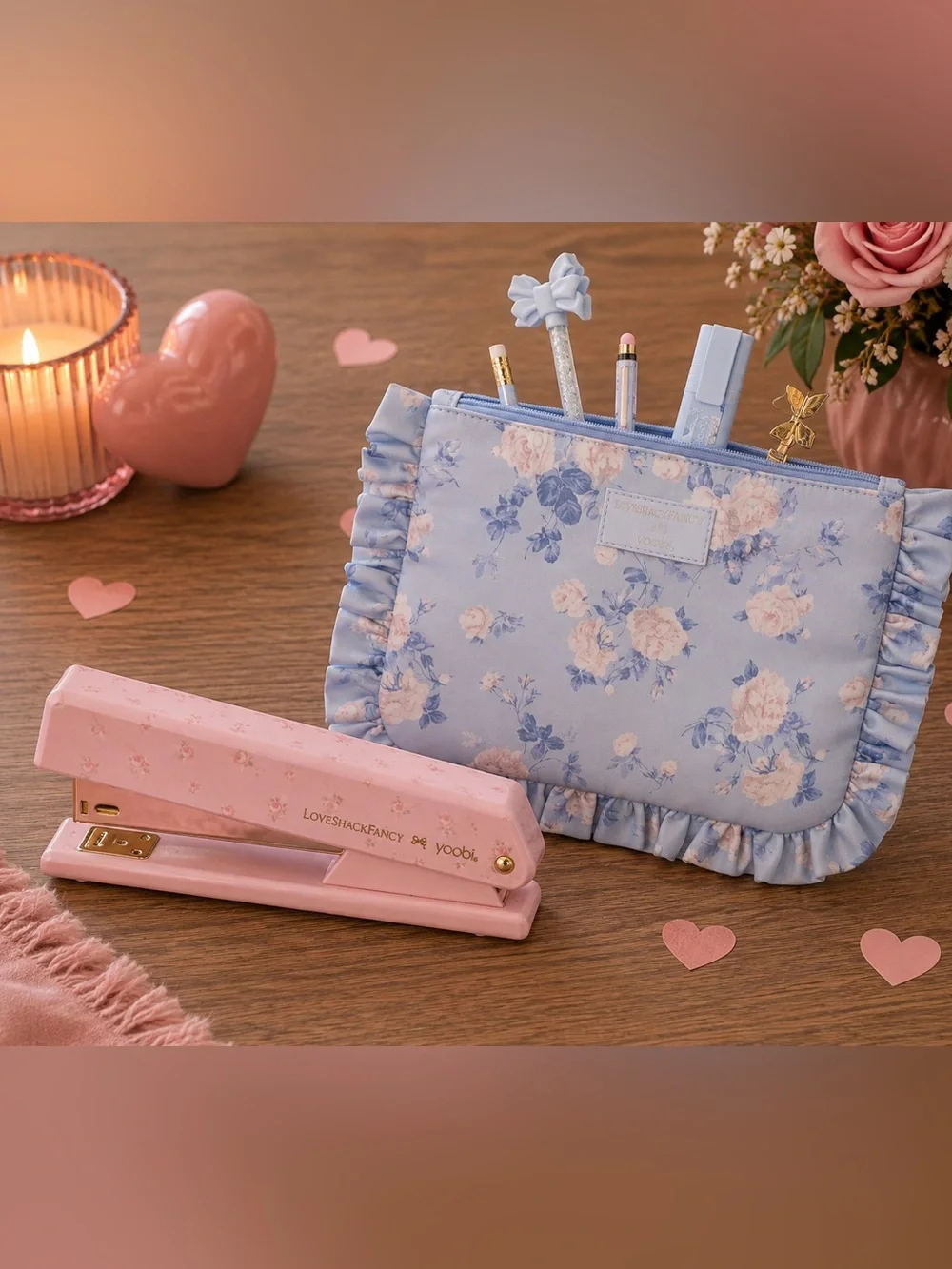 Blue Floral Ruffled Accessory Pouch & Pink Stapler Gift Set